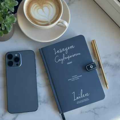 Mesa de trabalho com caderno e café, foto do feed
